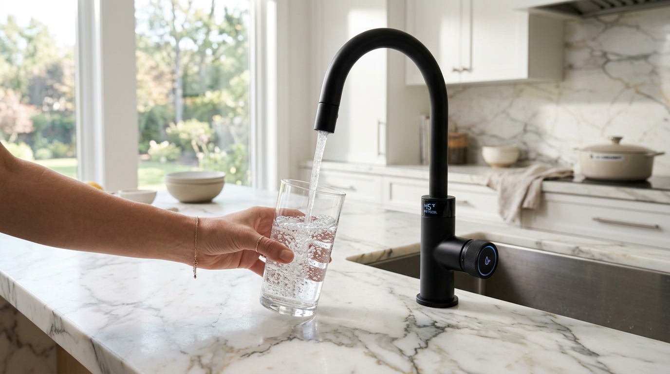 Vaso de agua pura recién servido de grifo inteligente Granikt